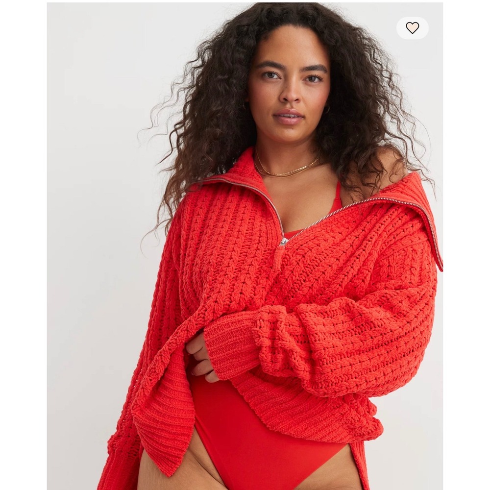 Aerie‎ Red Cable Car Quarter Zip Sweater Medium